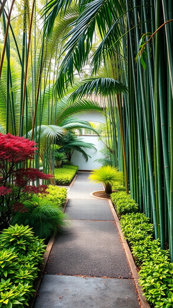 A serene bamboo pathway surrounded by lush greenery and colorful plants