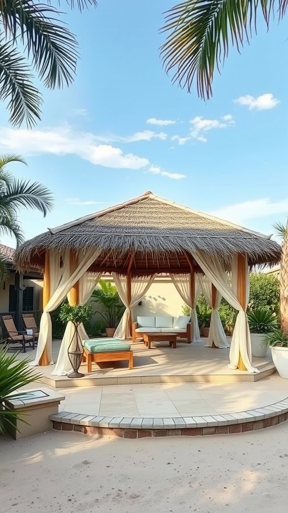 A beachy palapa gazebo with a thatched roof surrounded by greenery and palm trees.