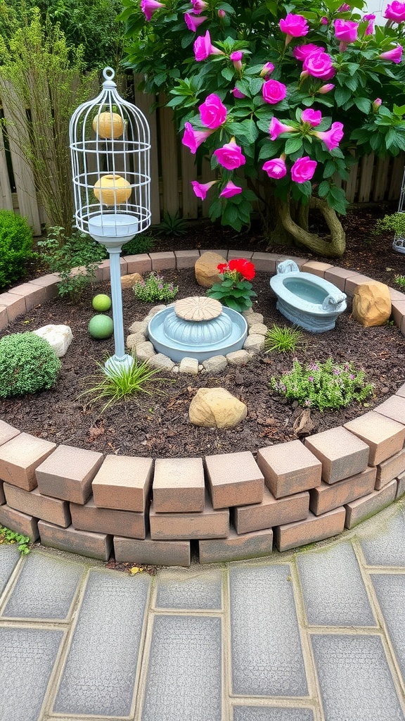 A circular garden bed made of bricks with colorful flowers, decorative stones, and a unique planter in the center.