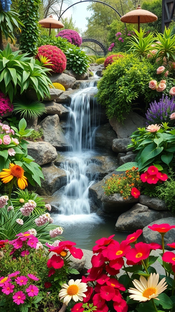 Cascading waterfall surrounded by vibrant flowers and greenery.