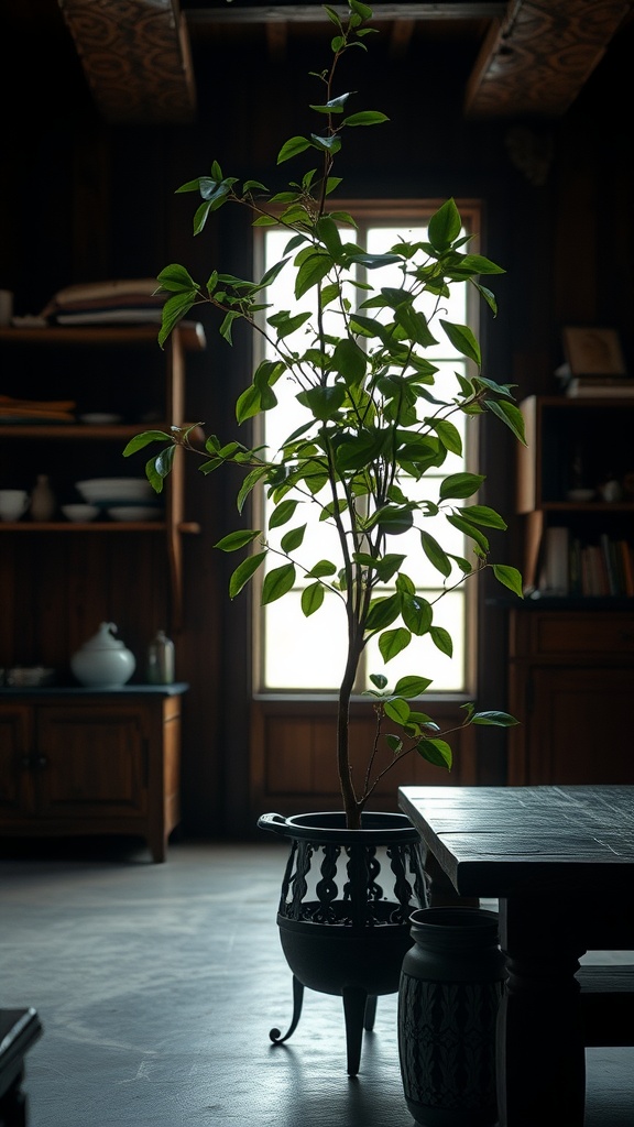 A Cast Iron Plant in a decorative pot, positioned near a window in a dimly lit room