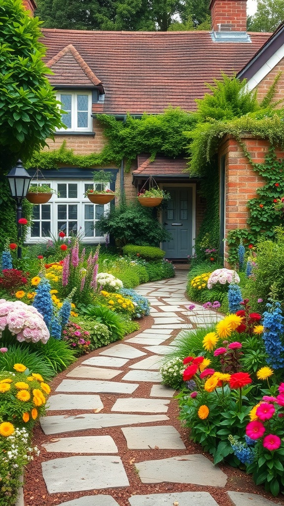 Charming English cottage garden with vibrant flowers and a stone path.