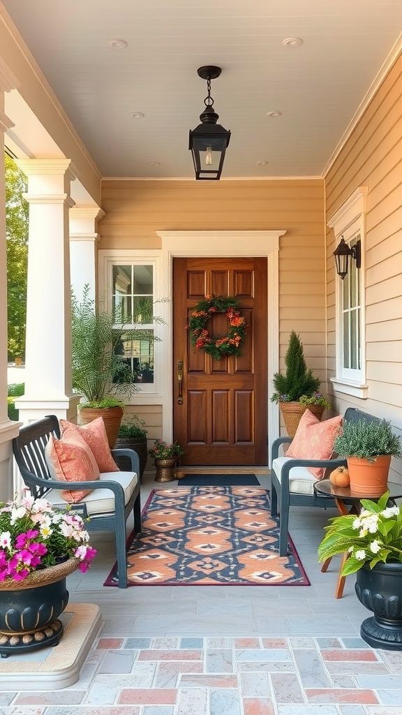 Charming front porch with seating, featuring a wooden door, decorative wreath, and potted plants.