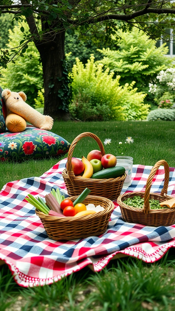 A picnic setup in a lush garden with a checkered blanket, baskets of fruits and vegetables, and cushions.