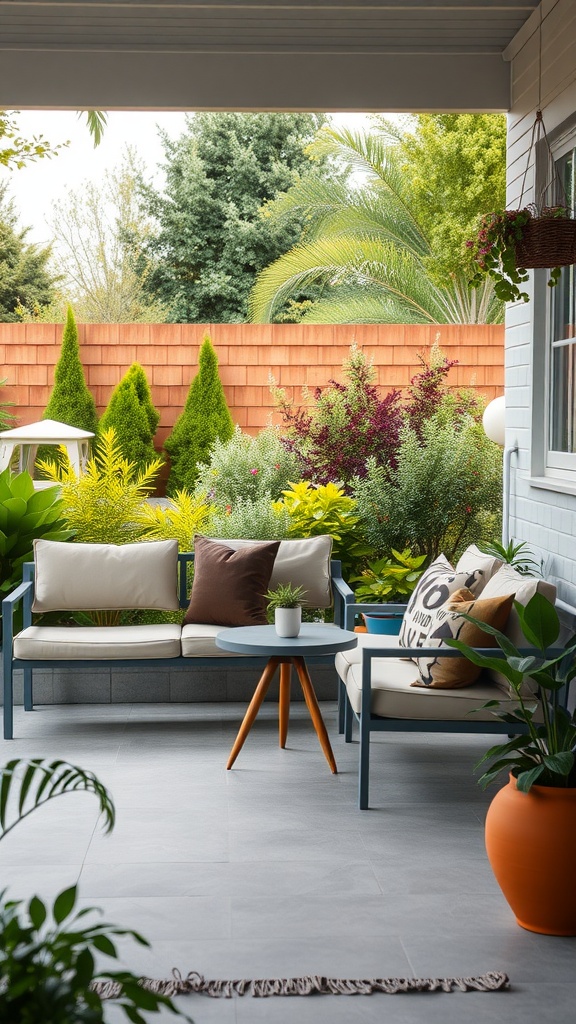 Cozy outdoor seating area with comfortable couches and greenery