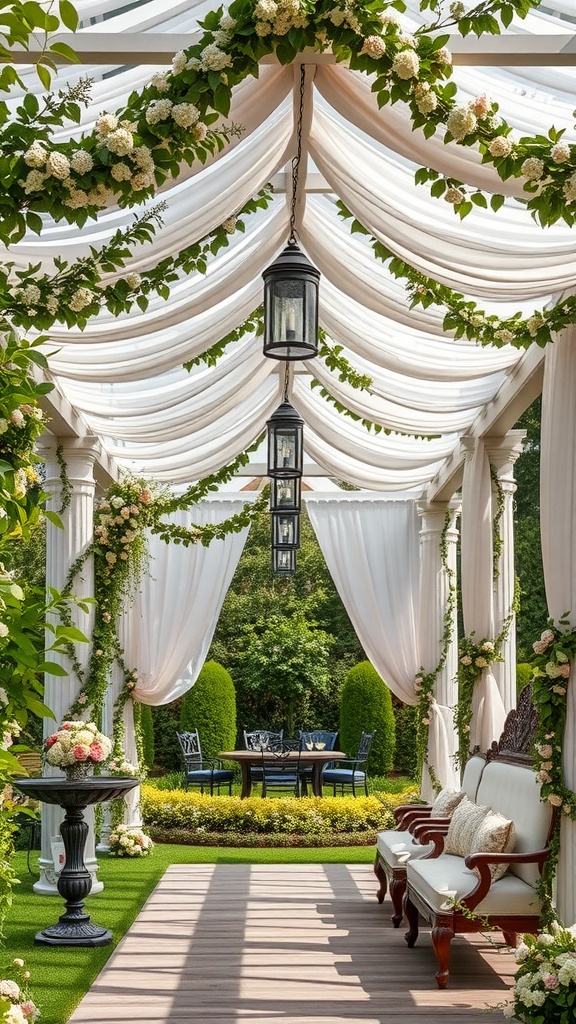 A stylish pergola with draped fabric and flowers, featuring seating and a table set in a tranquil garden.