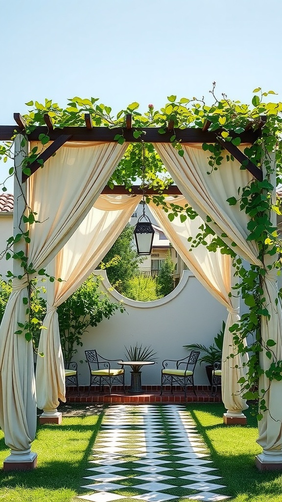 A charming pergola with drapes, surrounded by greenery, leading to a cozy seating area.