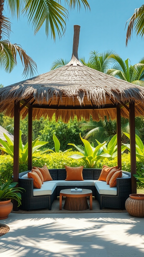 A cozy outdoor seating area under a thatched roof surrounded by tropical plants.