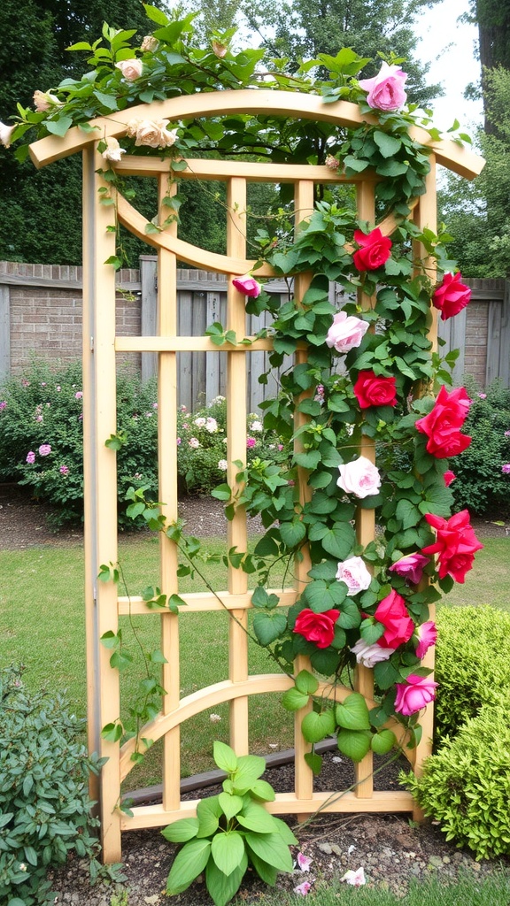 A wooden trellis adorned with pink and red roses, surrounded by greenery.