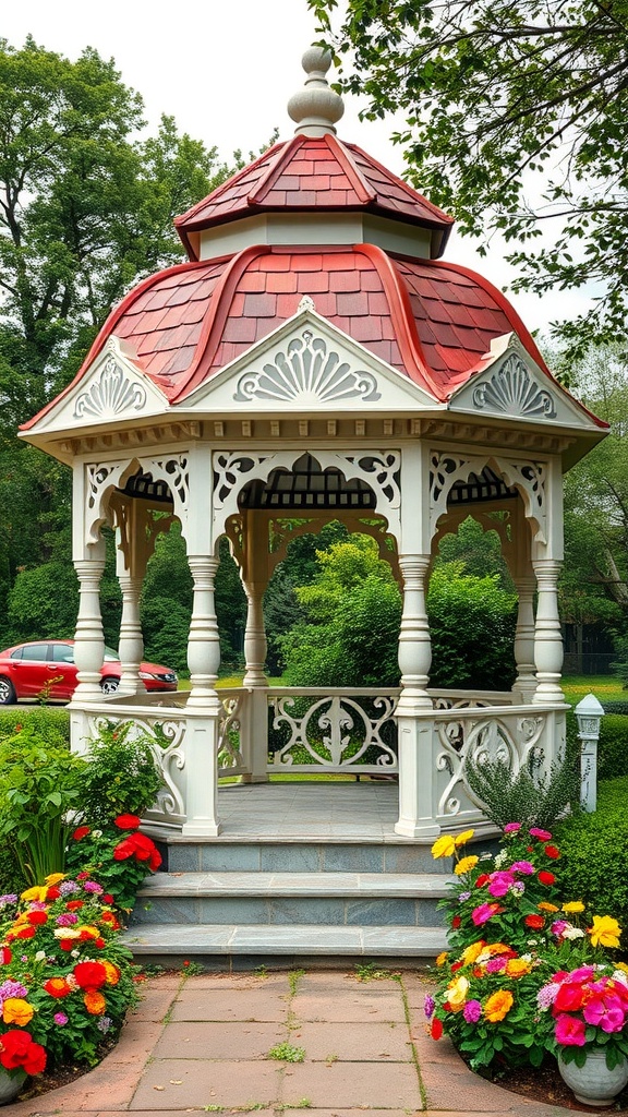 A charming Victorian-style gazebo with a red roof and intricate white detailing surrounded by colorful flowers.