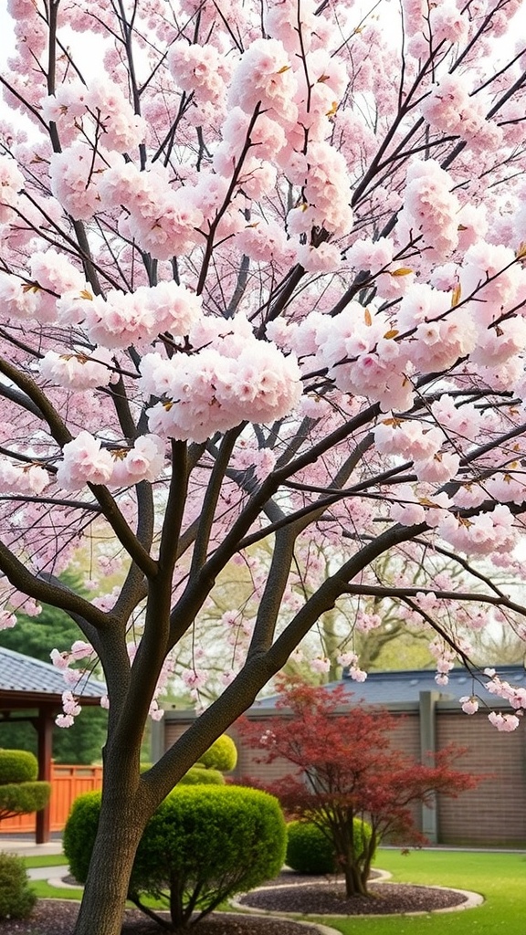 A cherry blossom tree with pink flowers in a garden setting