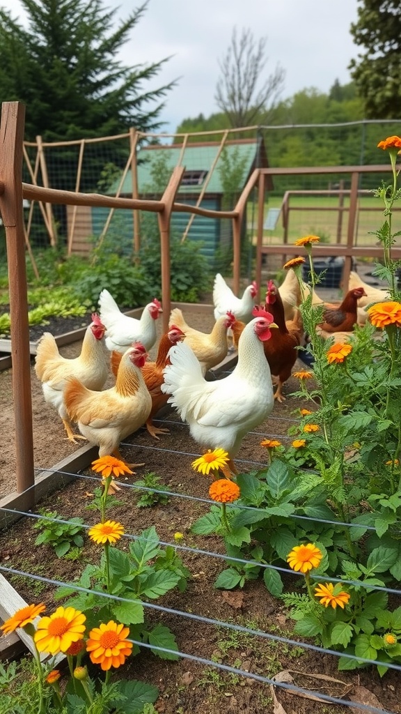 Chickens in a vibrant garden with marigolds, showcasing companion planting.