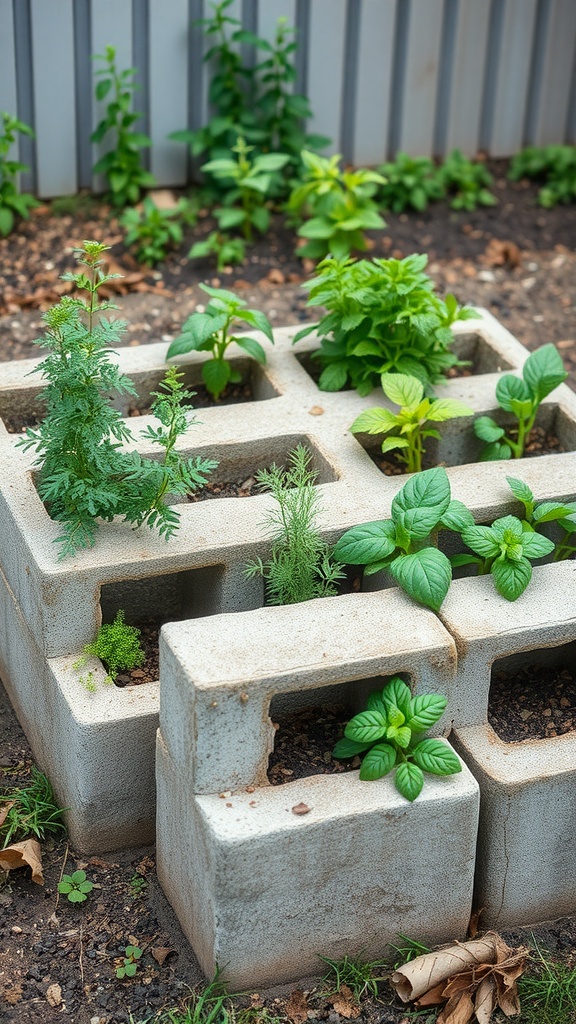 Cinder block planters with various herbs and vegetables growing in them.