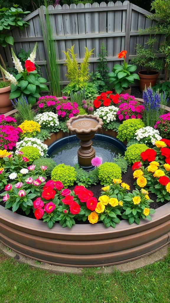 A circular raised garden bed filled with colorful flowers and a central fountain.