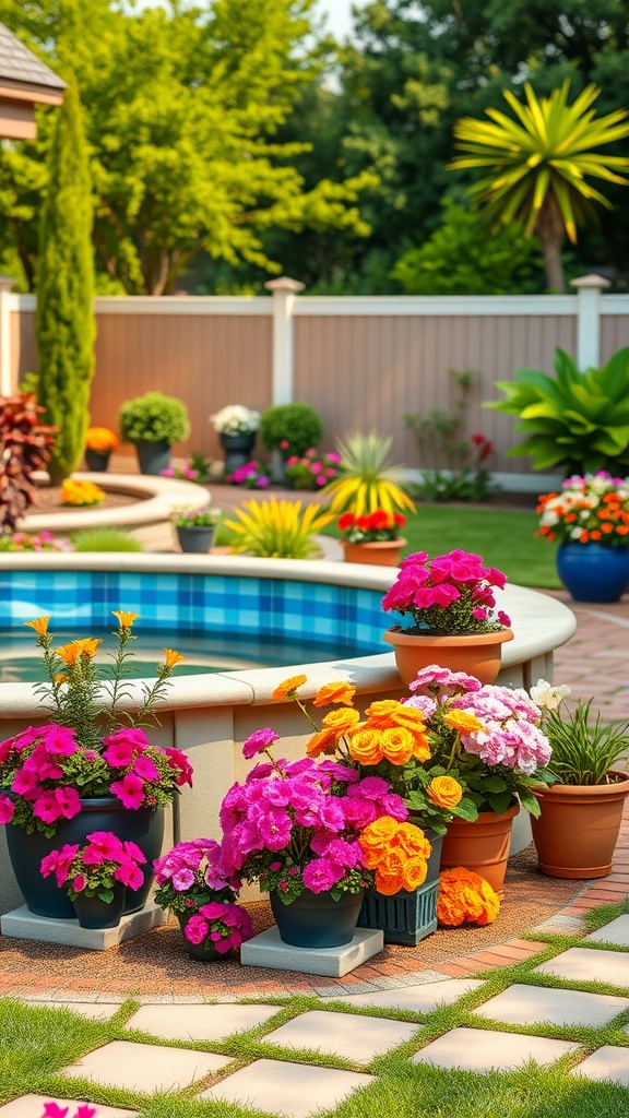 A vibrant garden with colorful flower pots surrounding an above-ground pool.