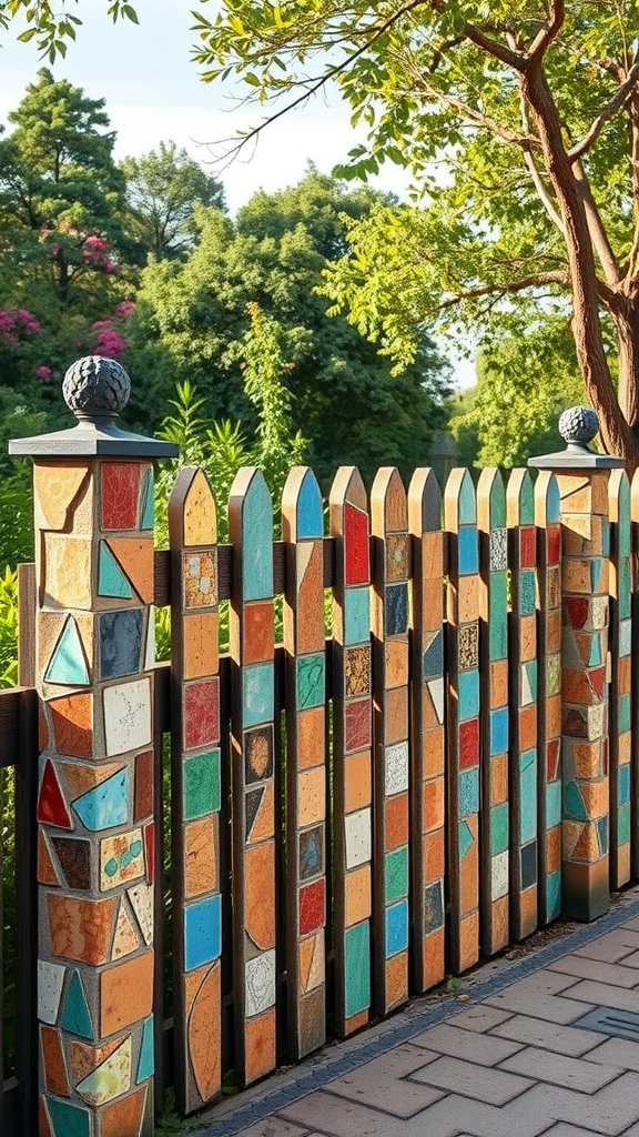 A vibrant mosaic fence made of different colored tiles and patterns surrounding a garden.