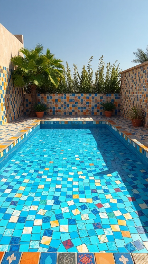 A bright and colorful mosaic tile pool surrounded by lush greenery and blue sky.