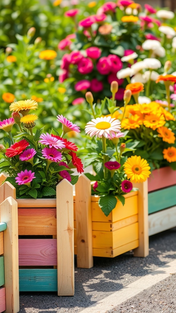 Colorful painted flower boxes filled with various flowers in a garden