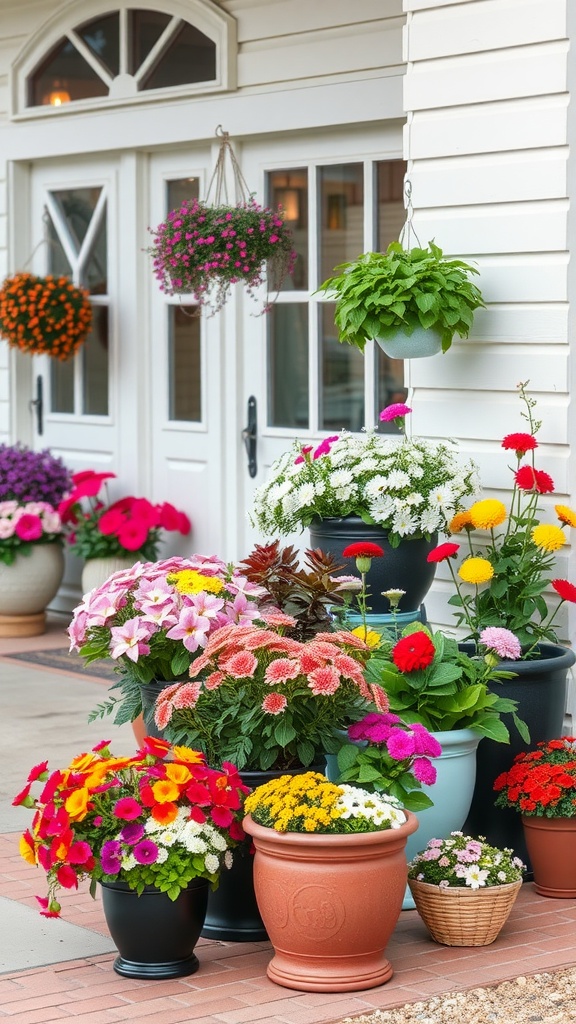 A vibrant display of colorful planters with various flowers at a home's entrance.