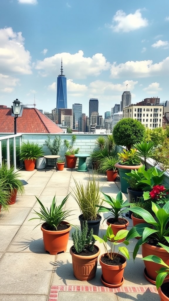 A rooftop garden filled with various potted plants, overlooking a city skyline