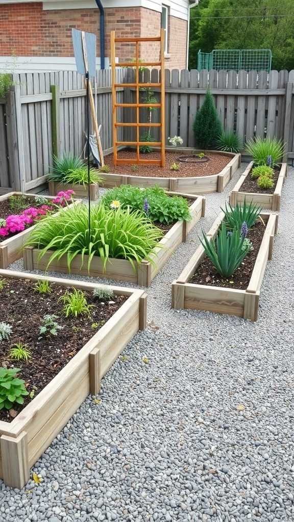 A garden layout showing raised beds filled with flowers and greenery, surrounded by gravel pathways for easy access.