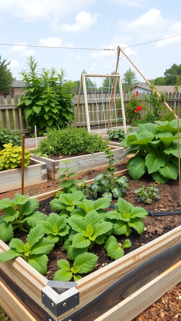 A vibrant raised garden bed featuring various plants arranged for companion planting, showcasing a trellis in the background.