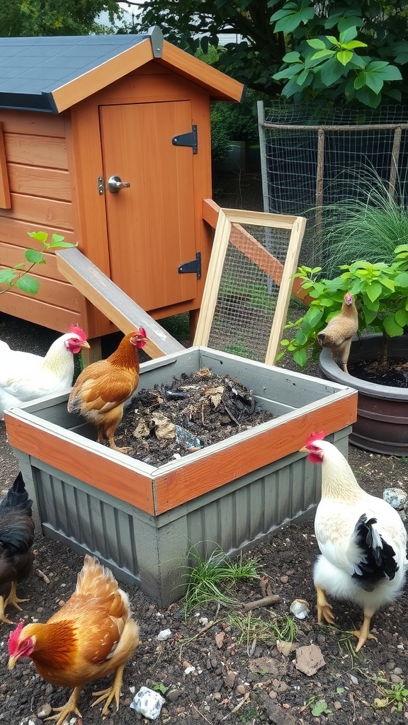 Chickens around a compost bin in a backyard garden, with a chicken coop in the background.