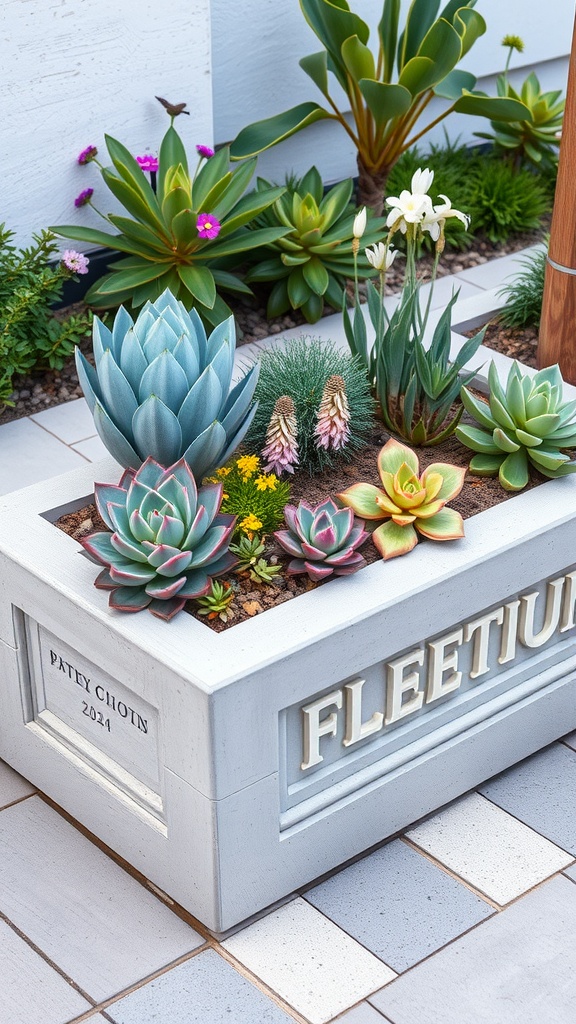 A concrete planter box filled with various succulents and colorful flowers, set against a backdrop of lush green plants.