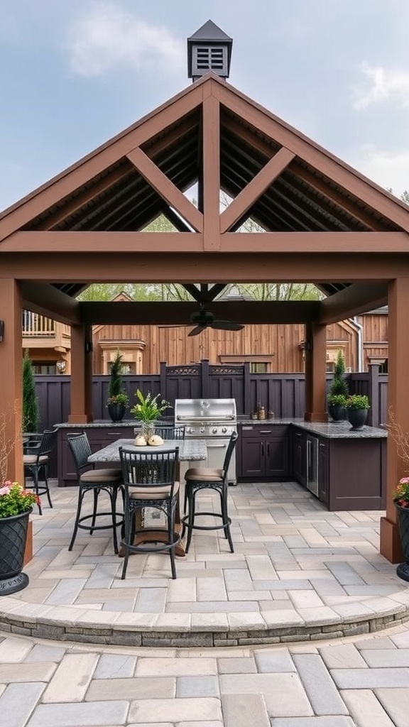 Contemporary gazebo featuring an outdoor kitchen with a grill, seating area, and potted plants.