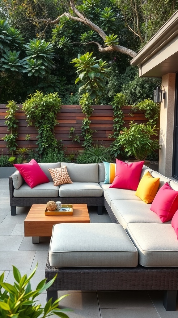 Contemporary sectional sofa with colorful cushions in a backyard setting