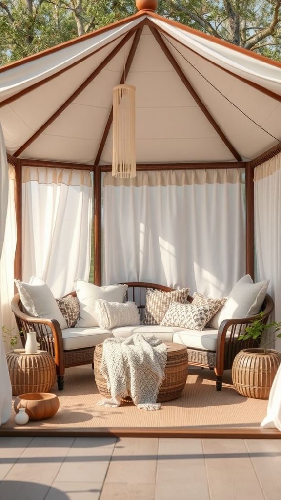 Cozy gazebo featuring plush seating with decorative pillows and cozy textiles.