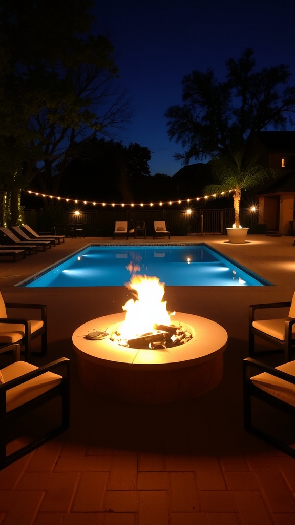 Cozy fire pit area with chairs and pool at night