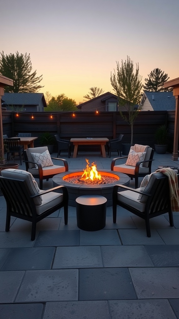 Cozy outdoor fire pit lounge with chairs and a warm fire