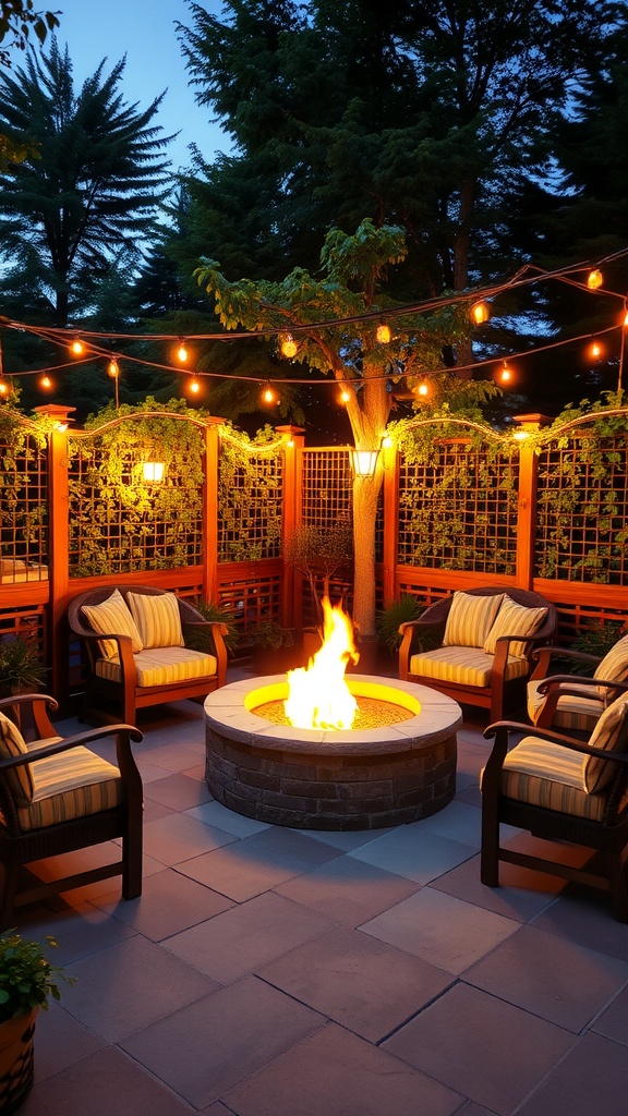 A cozy fire pit lounge with comfortable chairs, string lights, and a warm fire in the center.