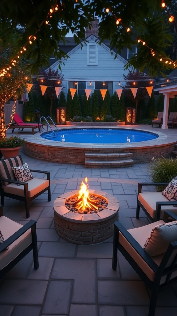 Cozy fire pit lounge area with chairs, a fire pit, and a pool in a backyard setting at night.