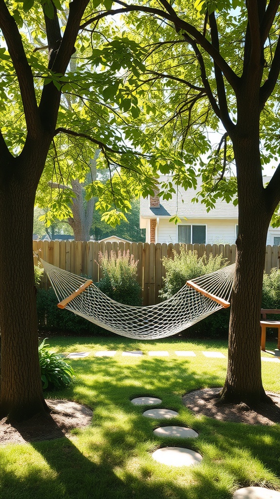 A hammock hanging between two trees in a sunny backyard setting.