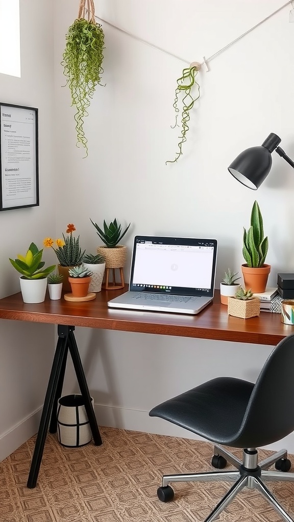 A cozy desk setup with various indoor plants arranged thoughtfully.