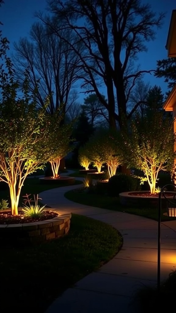 A beautifully lit front yard at night with illuminated trees and a winding pathway.