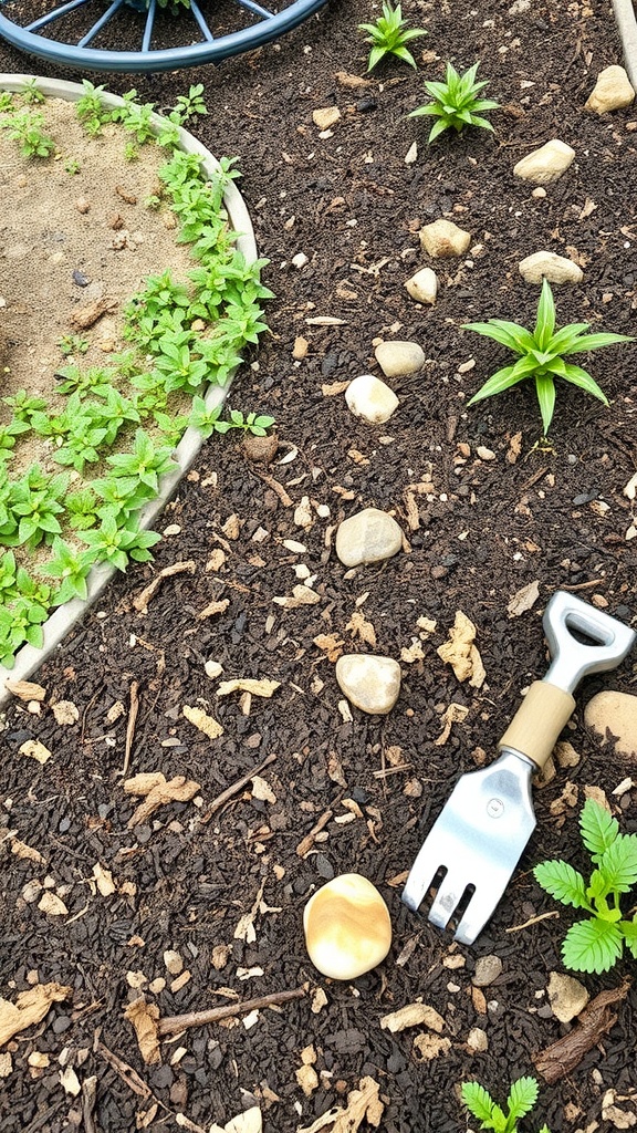 A garden bed with mulch, stones, and small plants, along with a gardening fork.