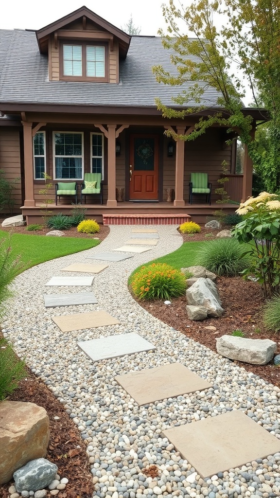 A beautiful front yard with a winding stone pathway leading to a cozy house, complemented by colorful flowers and greenery.