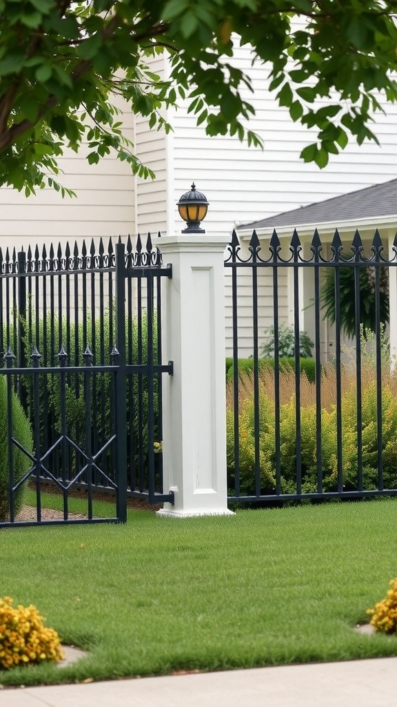 A decorative black wrought iron fence with white posts and lighting, surrounded by lush greenery and colorful flowers in a manicured yard.