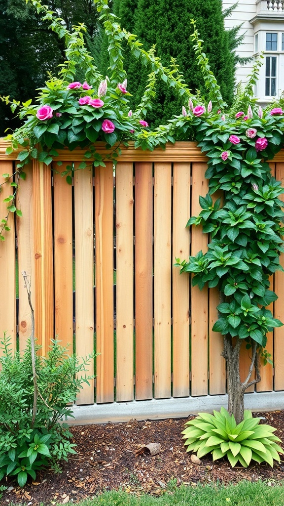 A wooden fence decorated with climbing plants and flowers, surrounded by greenery.