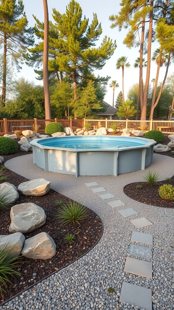 Decorative stones and gravel pathways surrounding an above-ground pool