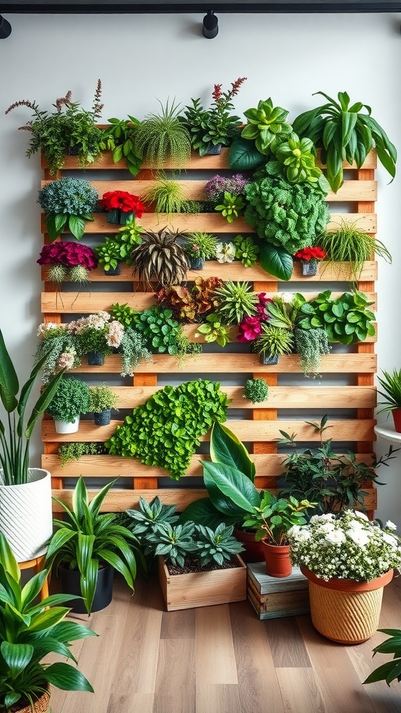 A vibrant DIY pallet green wall filled with various plants and flowers.