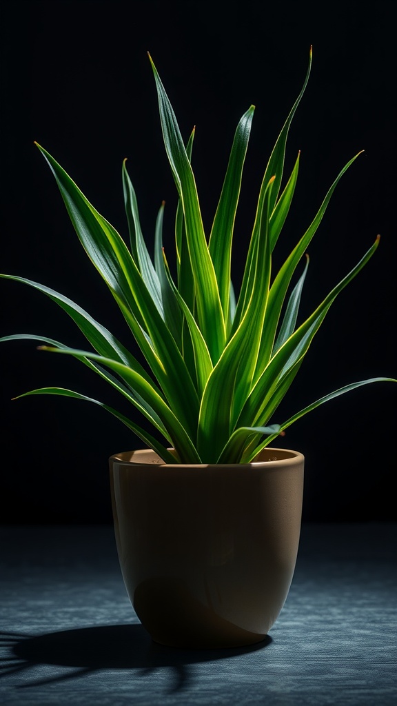 A Dracaena plant with tall, slender green leaves in a modern pot against a dark background.