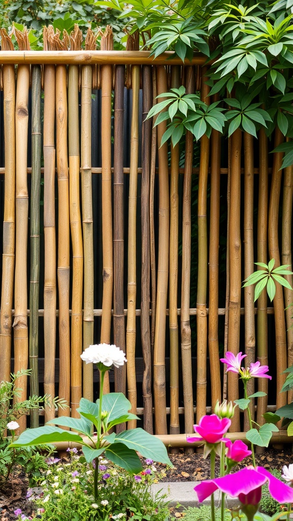 Eco-friendly bamboo fence with green plants and flowers in the foreground