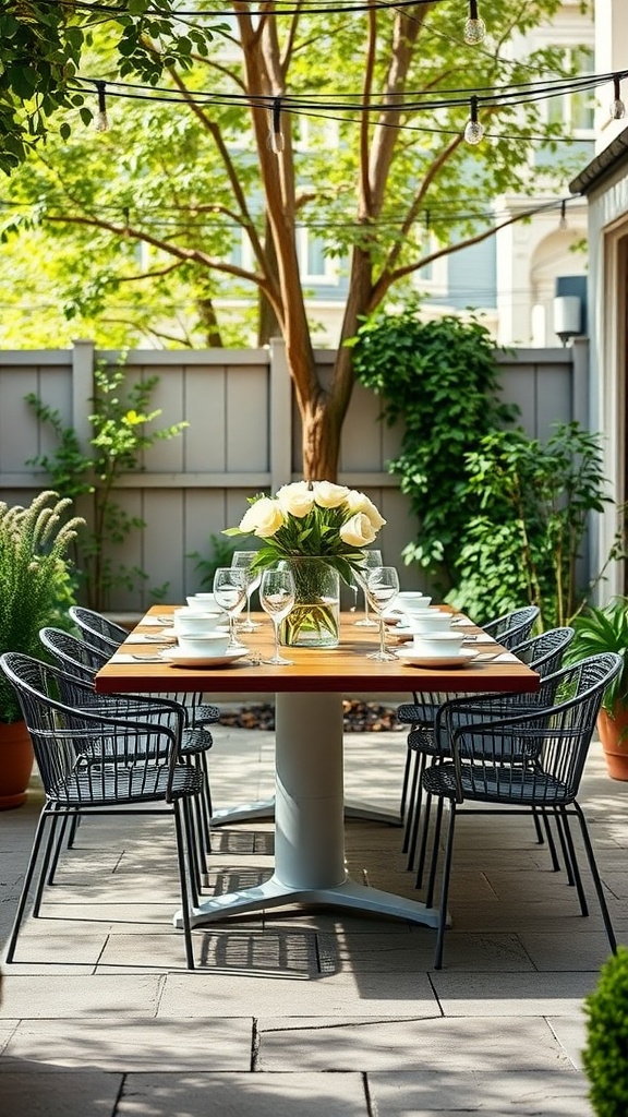 Elegant outdoor dining set with a wooden table, black chairs, and floral centerpiece under string lights.