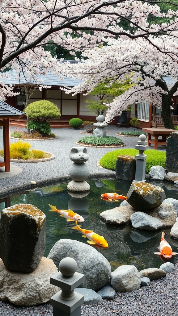 A serene Japanese tea garden featuring cherry blossoms, koi pond, and carefully arranged stones.