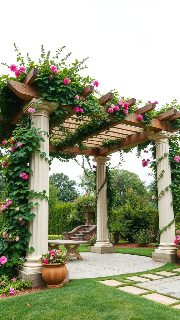 An elegant pergola gazebo adorned with climbing vines and colorful flowers in a lush garden setting.