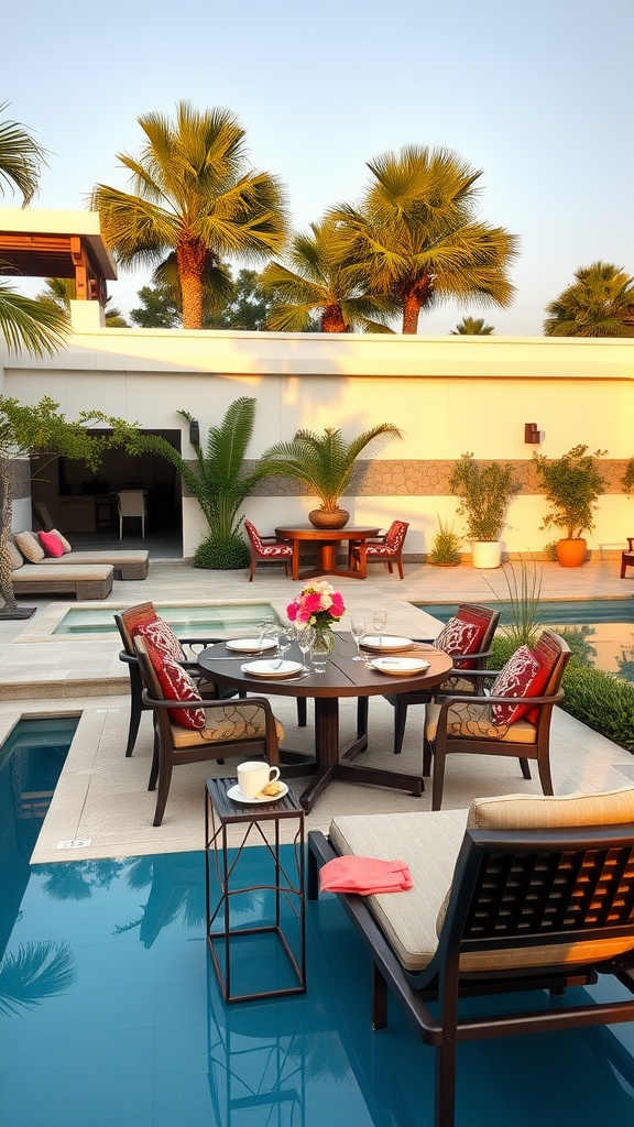 A beautiful poolside dining and lounge area with stylish furniture and vibrant decor.